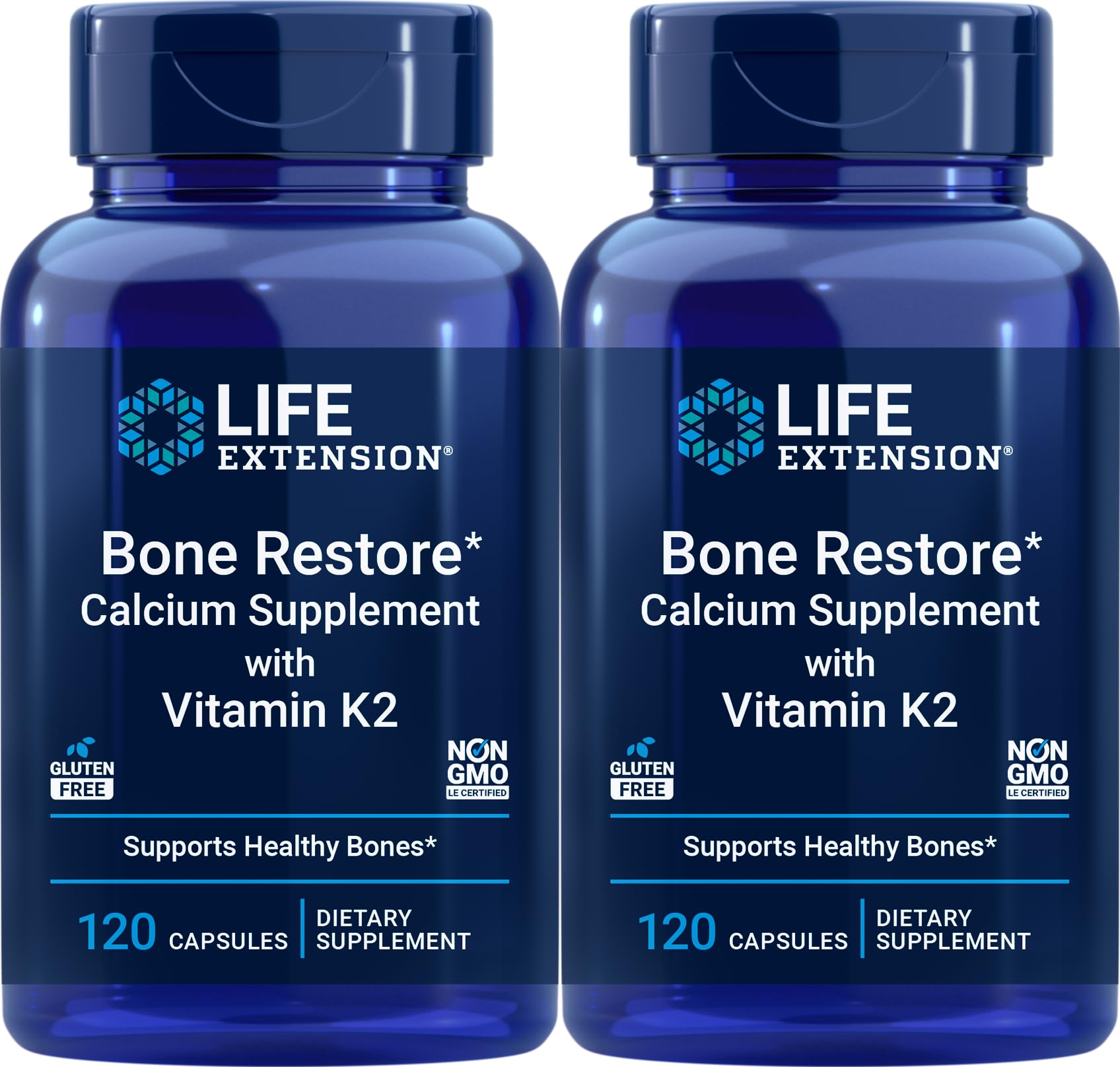Life Extension Bone Restore bottle front highlights calcium and vitamin K2 for bone support