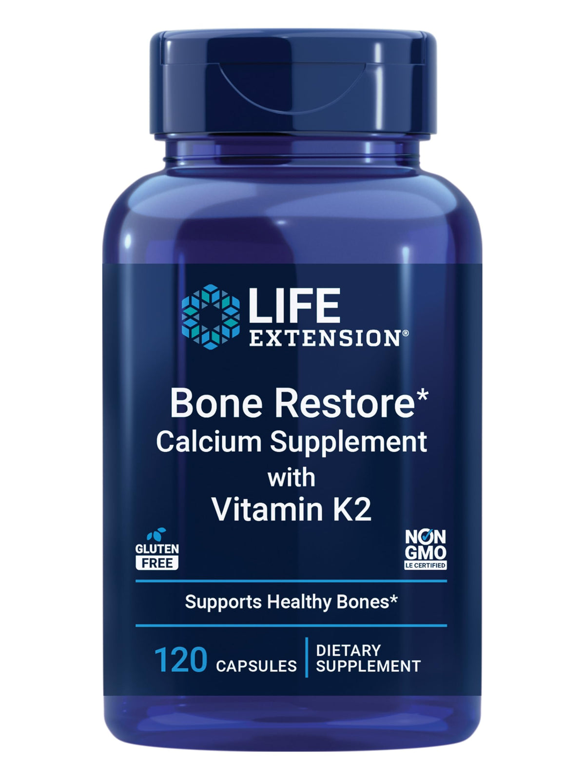 Life Extension Bone Restore bottle front view highlighting the supplement for bone support.