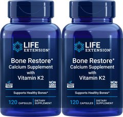 Life Extension Bone Restore bottle front highlights calcium and vitamin K2 for bone support