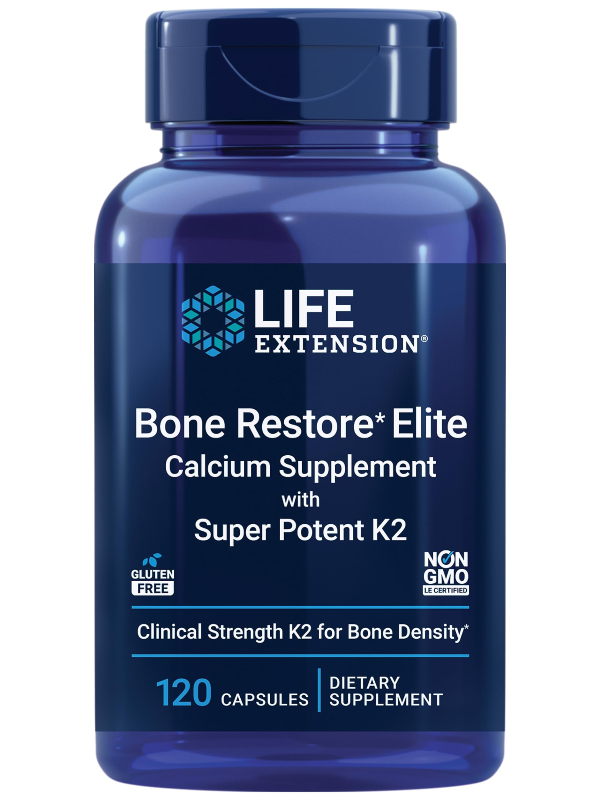 Life Extension Bone Restore Elite bottle pour highlights K2-rich formula for bone support.