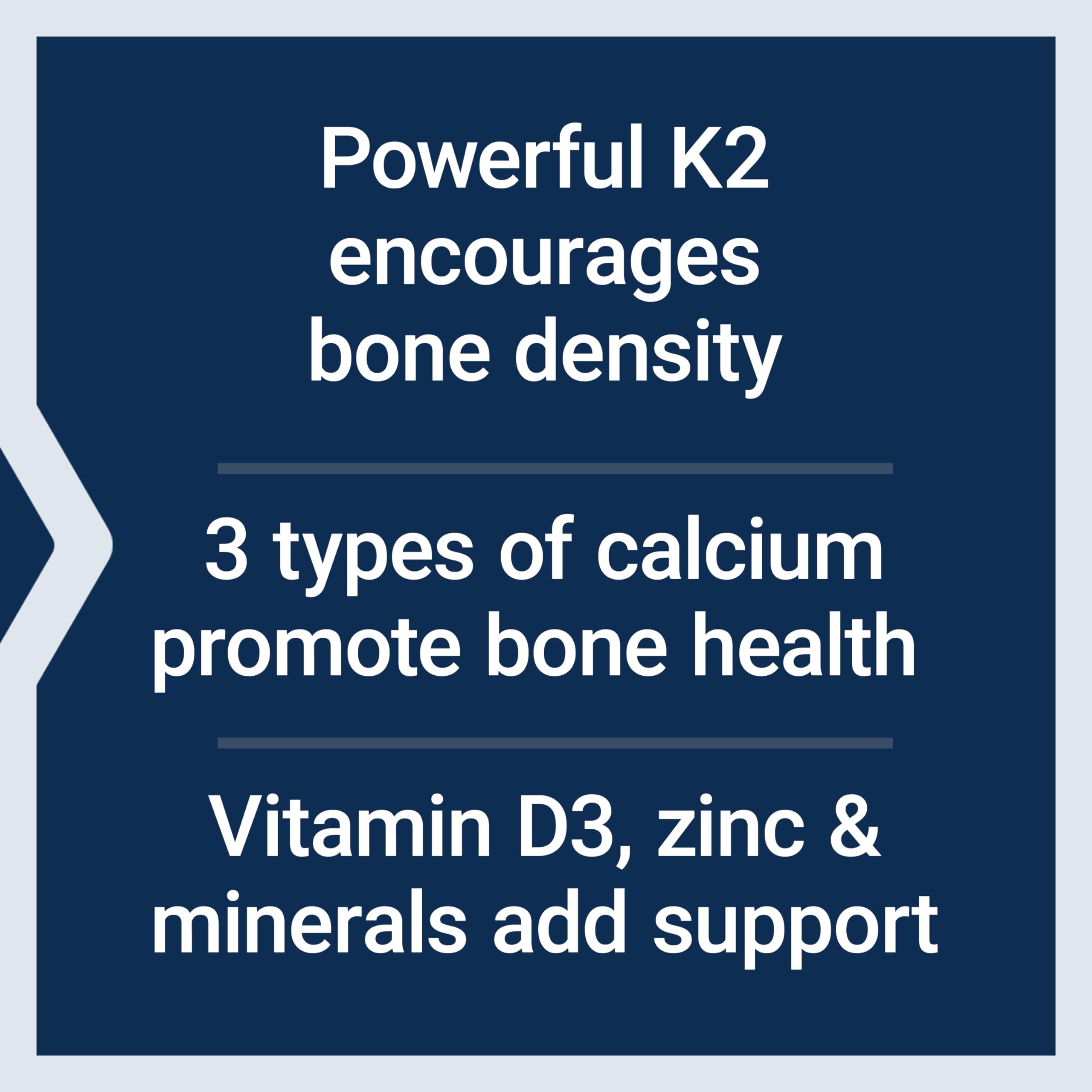 Life Extension Bone Restore Elite ingredients chart shows 700 mg calcium and 45 mg K2.