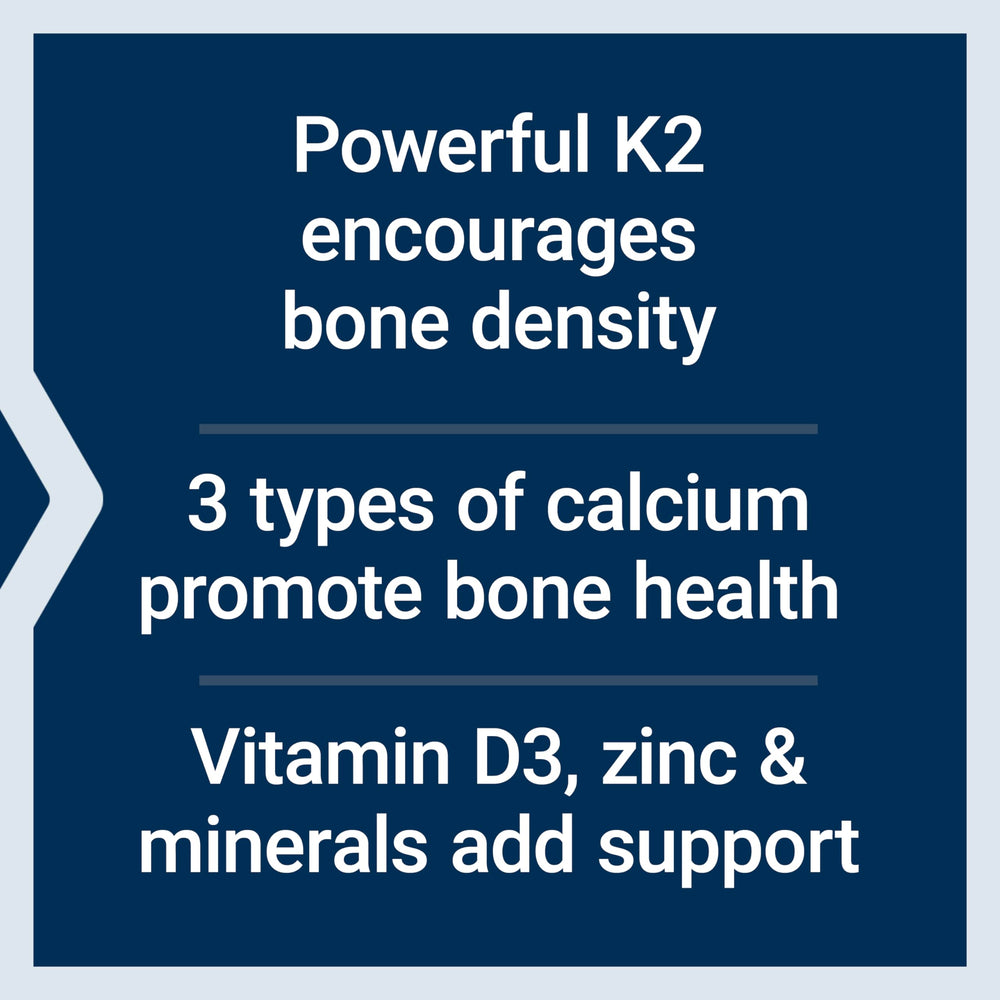 Life Extension Bone Restore Elite ingredients chart shows 700 mg calcium and 45 mg K2.