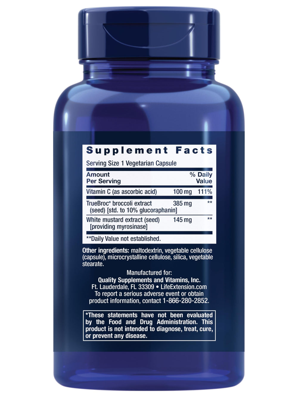 Life Extension broccoli seed extract vial highlights increased sulforaphane availability.