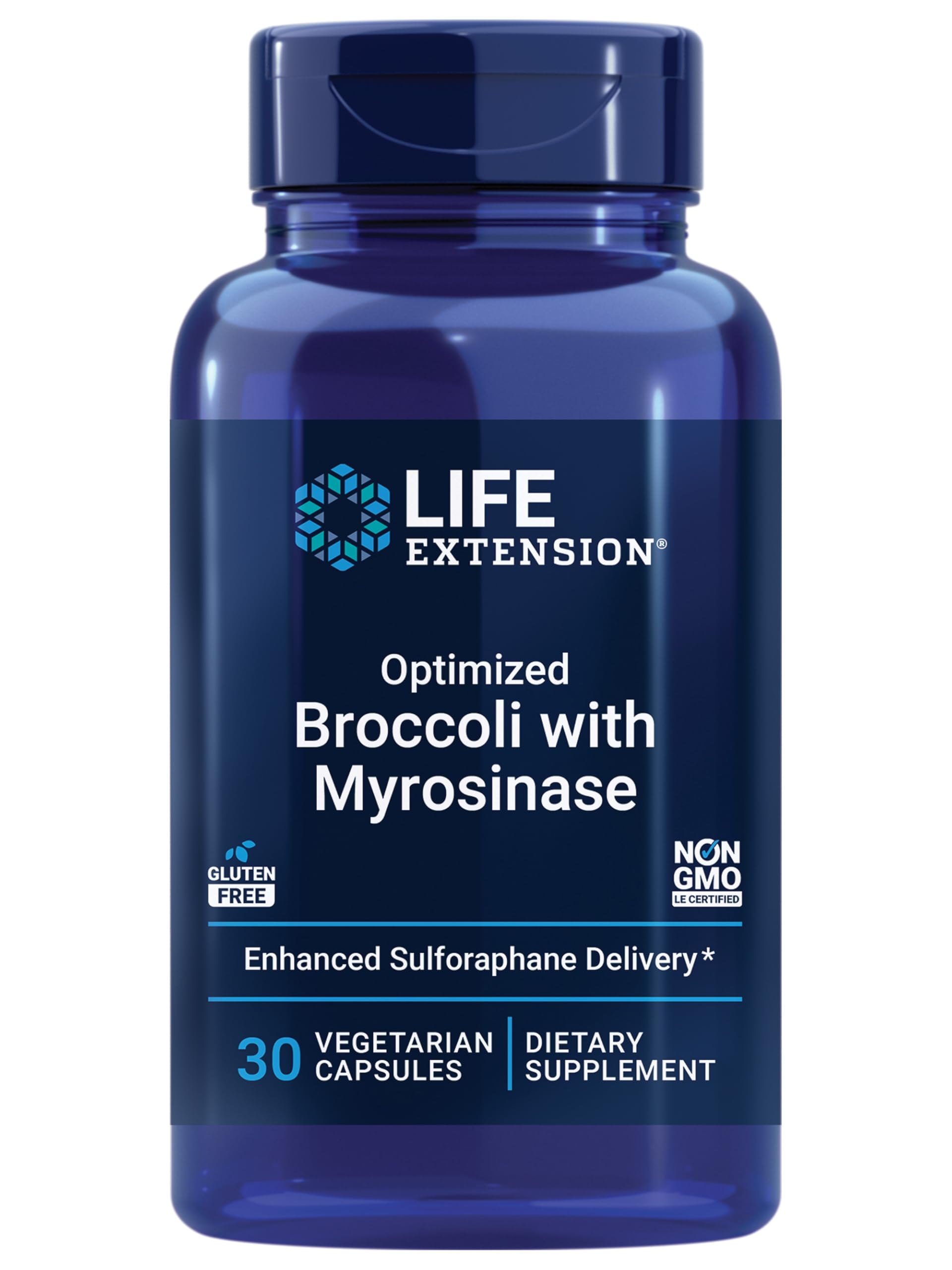 Life Extension broccoli with myrosinase bottle demonstrates a convenient daily dose of sulforaphane.