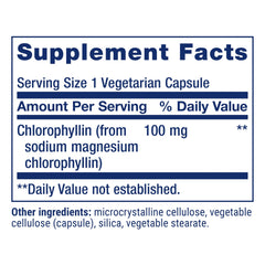 Life Extension Chlorophyllin bottle back label shows ingredients and QA.
