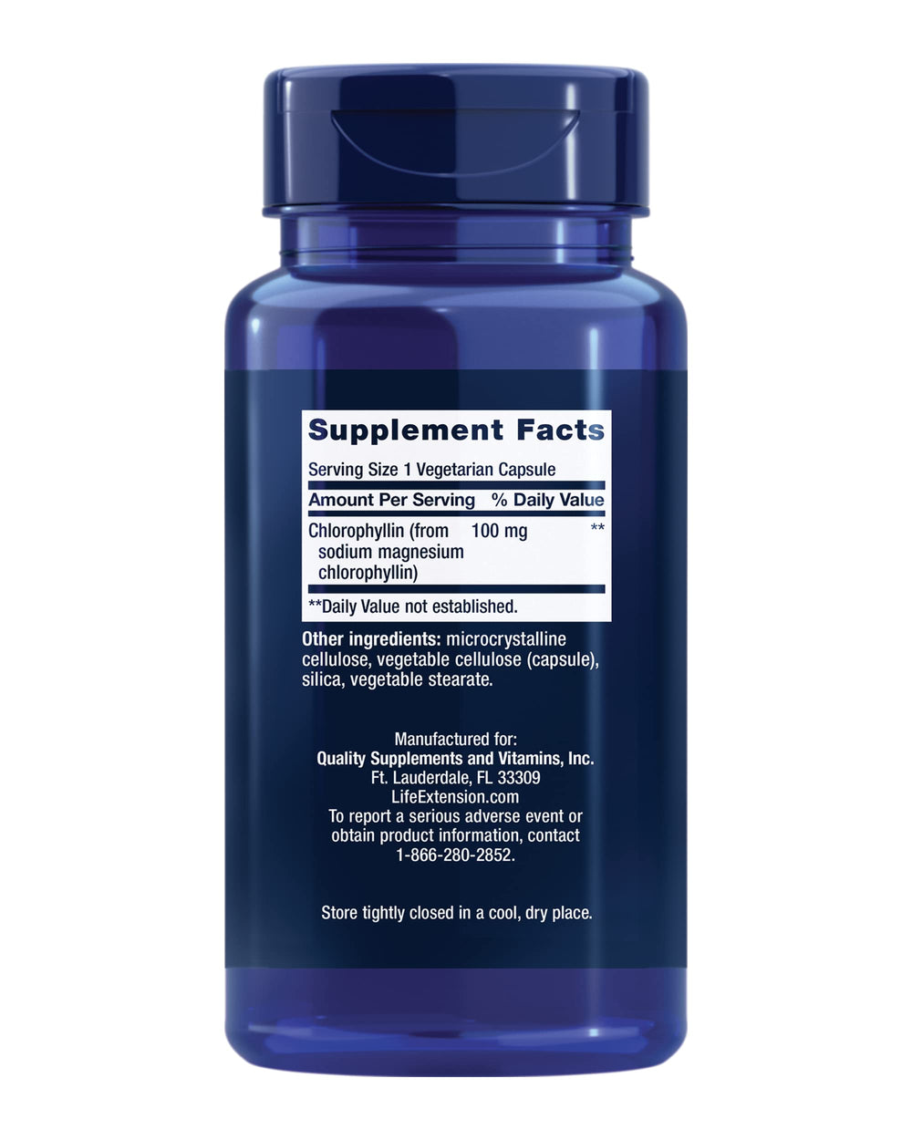 Life Extension Chlorophyllin capsules closeup emphasizes vegetarian, gluten-free supplement form.