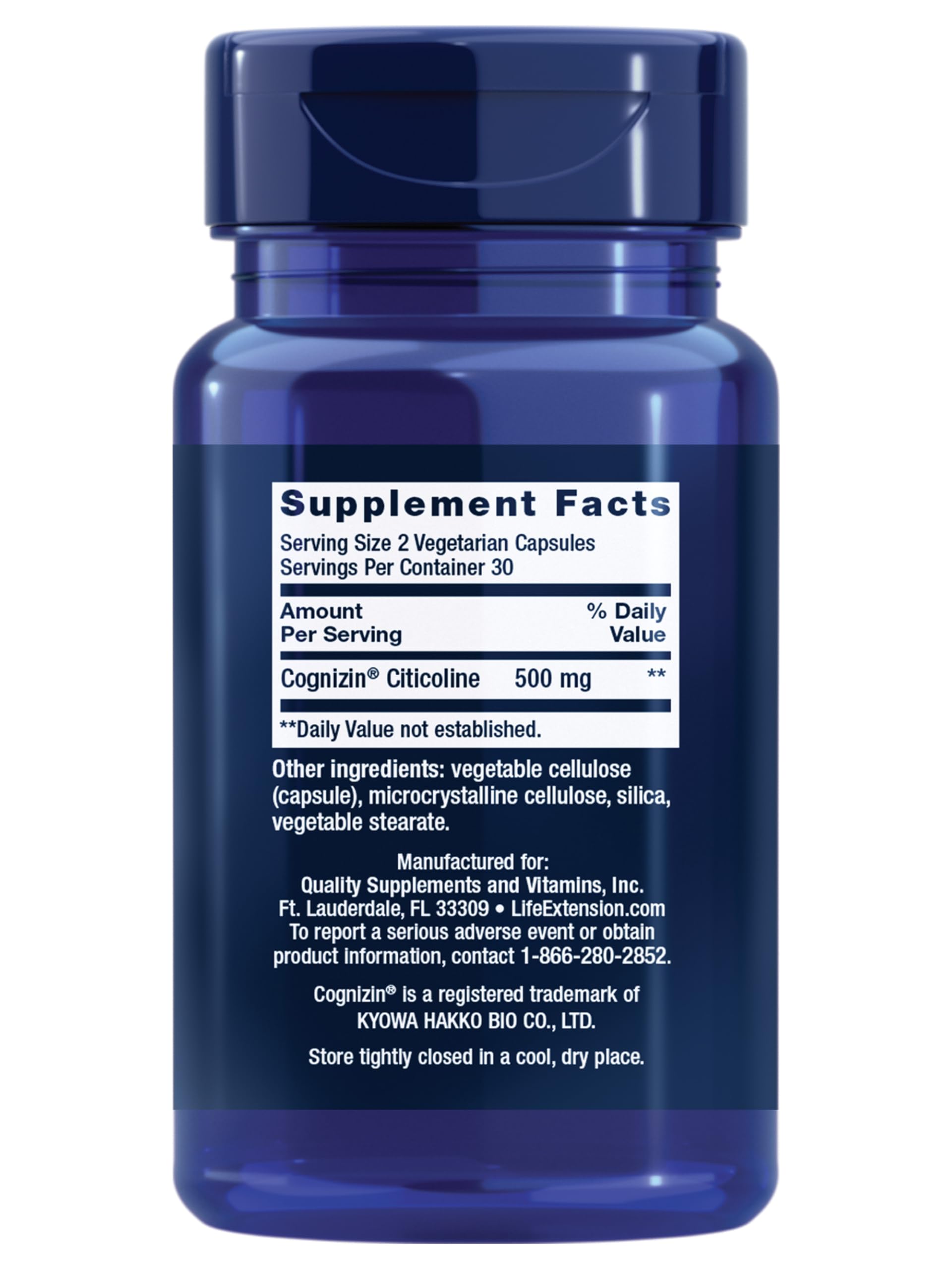 Life Extension Citicoline capsules closeup highlighting vegetarian formula