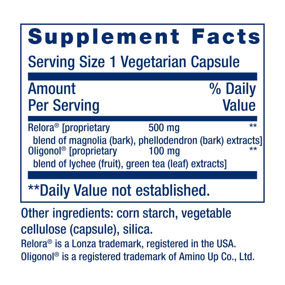 Label detail highlights Relora blend and plant sources