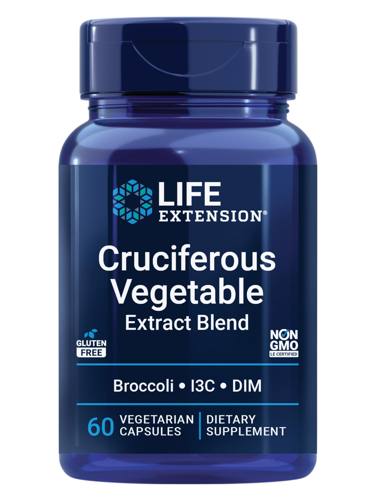 Life Extension cruciferous blend bottle with capsules, potential support for hormone balance