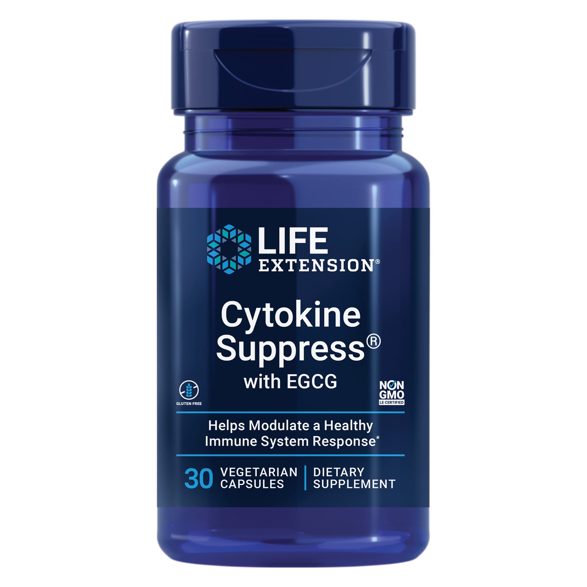 Life Extension Cytokine Suppress with EGCG bottle for daily immune support potential.