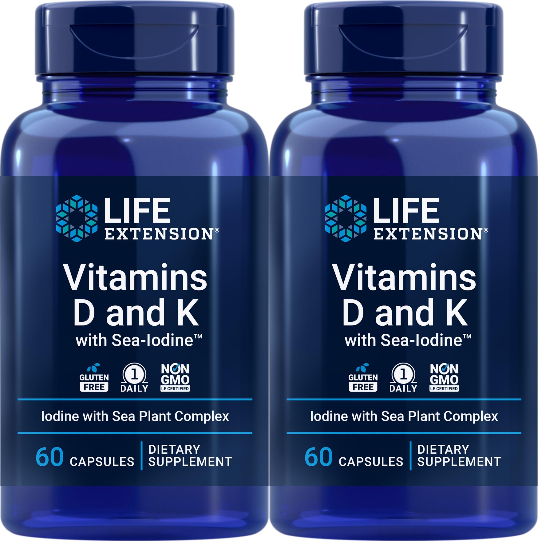 Life Extension D and K with Sea-Iodine bottle shows daily capsules for bone and thyroid support