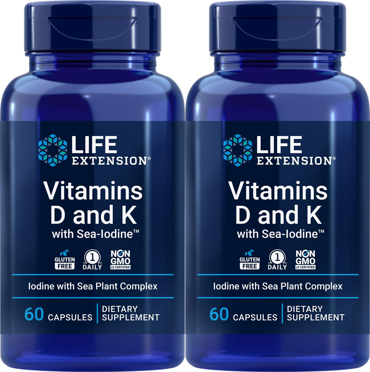 Life Extension D and K with Sea-Iodine bottle shows daily capsules for bone and thyroid support