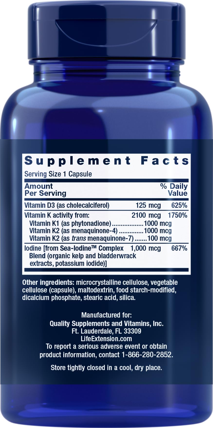 Life Extension label close-up highlights 125 mcg D3, 2100 mcg K, and 1000 mcg iodine