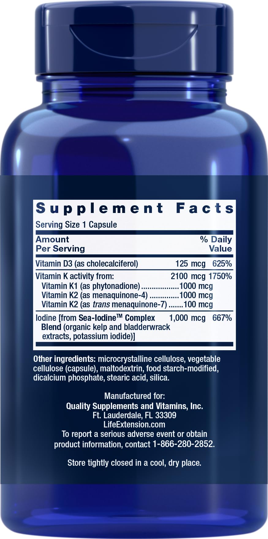 Life Extension D and K capsules closeup highlights convenient once-daily capsules.