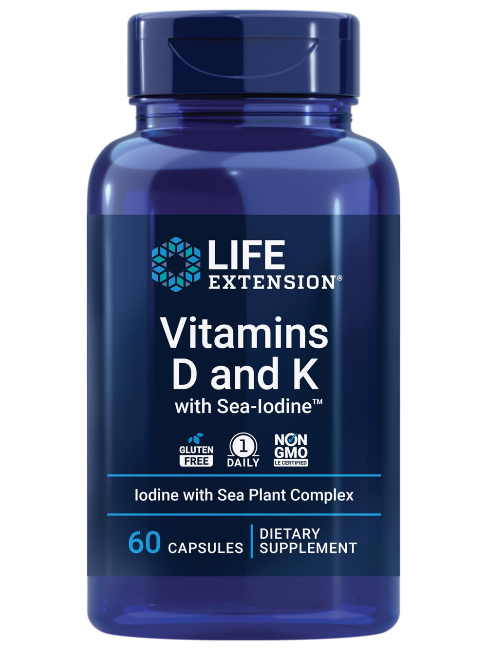 Life Extension D and K with SeaIodine bottle front supports bone and cognitive health.