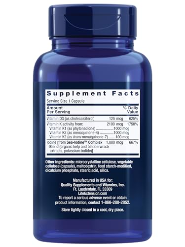 Life Extension D and K with SeaIodine capsules closeup highlights convenient daily dosing.