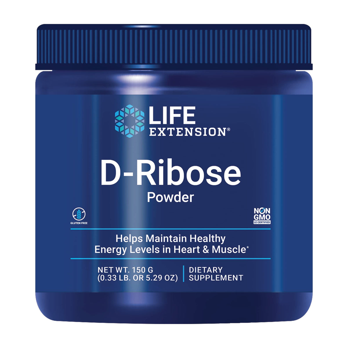 Life Extension D-Ribose Powder jar with gluten-free and non-GMO label.