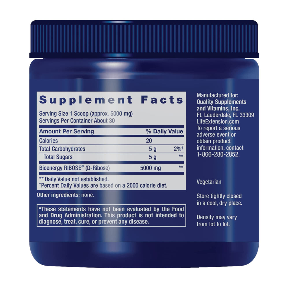 Life Extension D-Ribose Powder scoop resting on container for easy dosing.