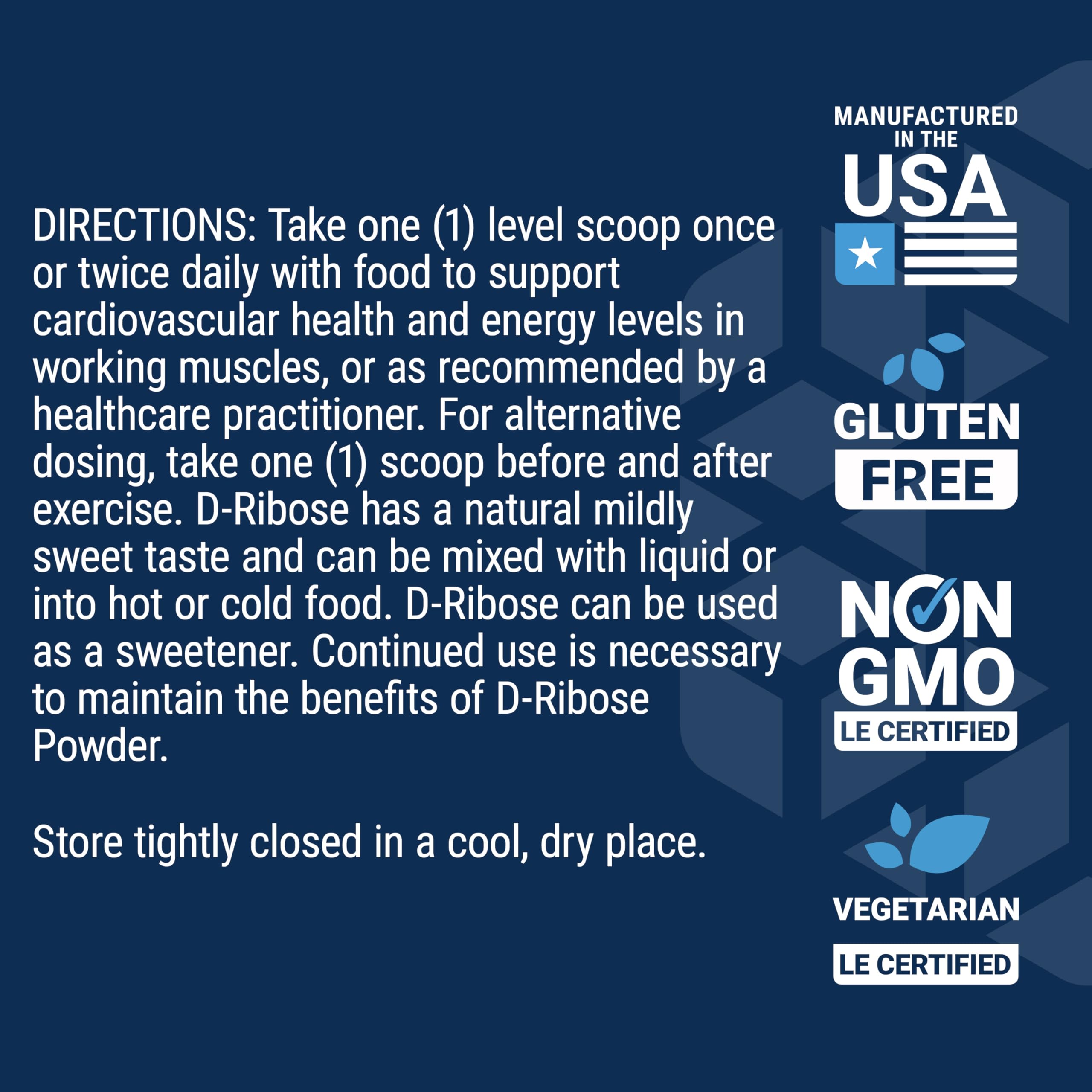 US-made Life Extension D-Ribose Powder packaging highlighting gluten-free and non-GMO.