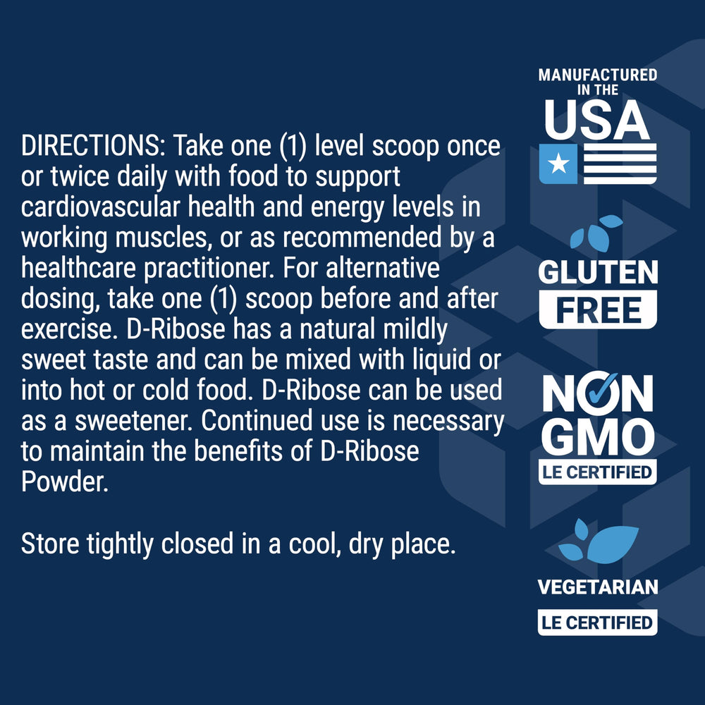 US-made Life Extension D-Ribose Powder packaging highlighting gluten-free and non-GMO.
