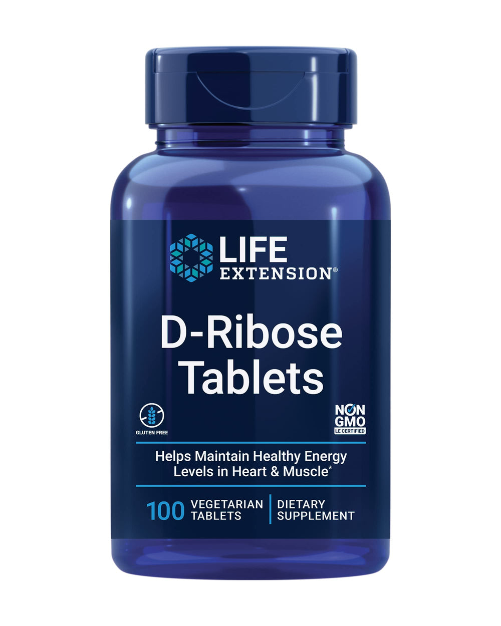 Life Extension D-Ribose tablets bottle highlights packaging and supports daily energy