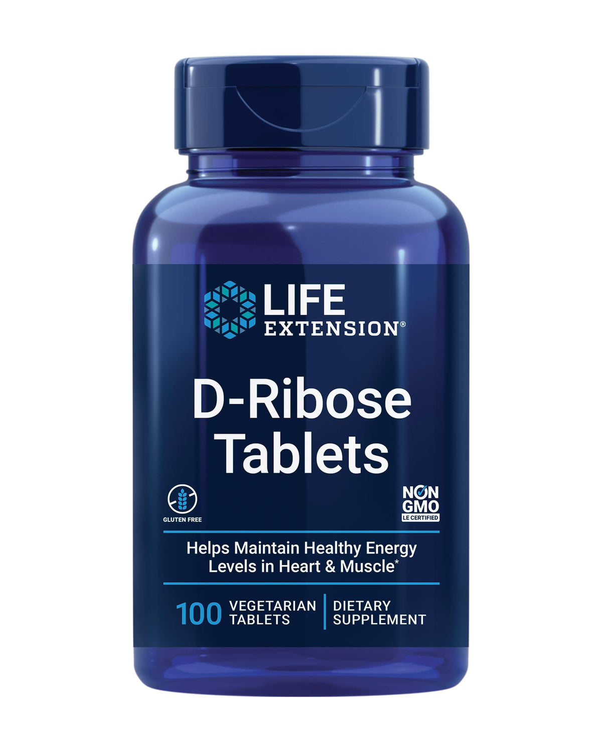 Life Extension D-Ribose tablets bottle highlights packaging and supports daily energy