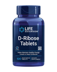 Life Extension D-Ribose tablets bottle highlights packaging and supports daily energy