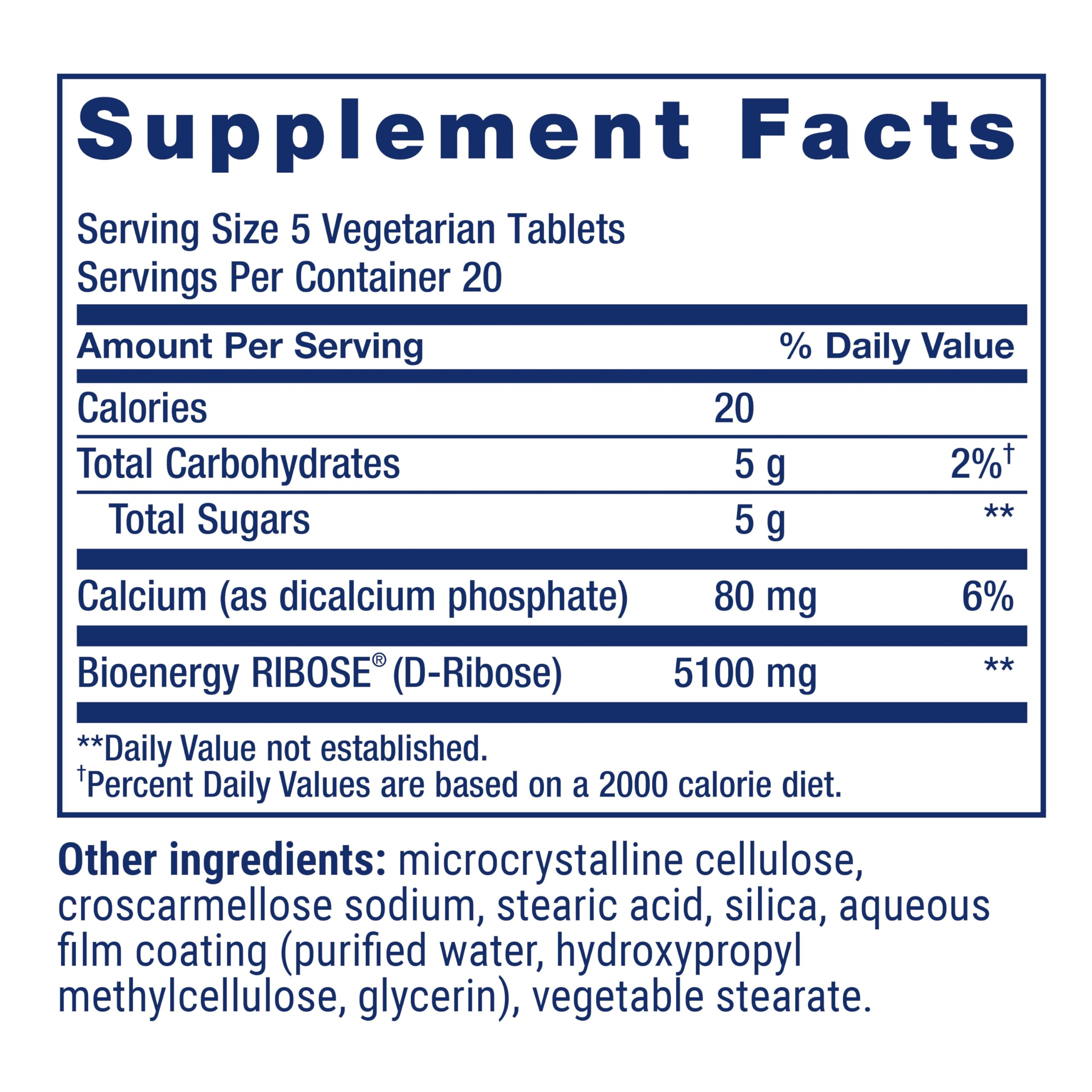 Life Extension D-Ribose tablets label closeup with calcium and energy support