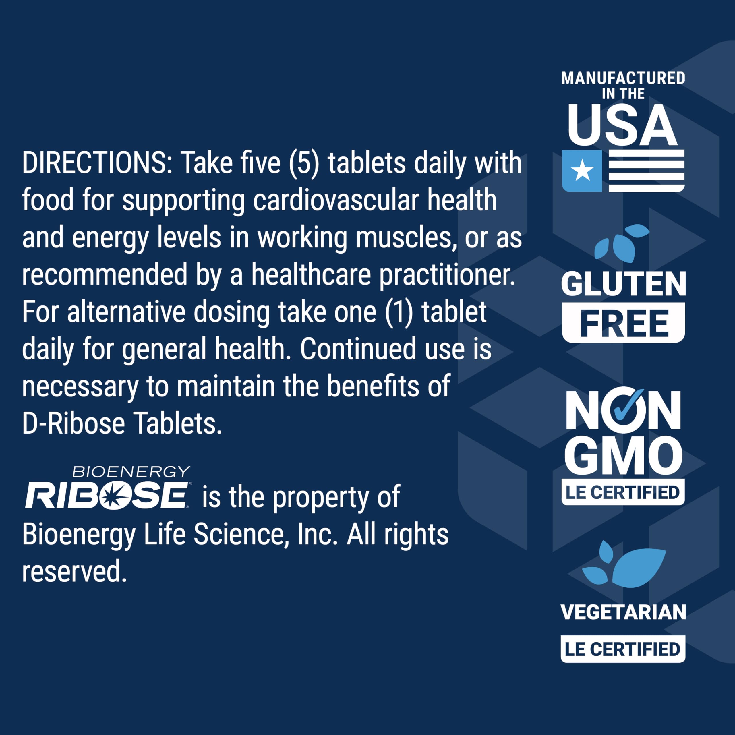 Life Extension D-Ribose tablets vegan symbol indicates plant-based energy option