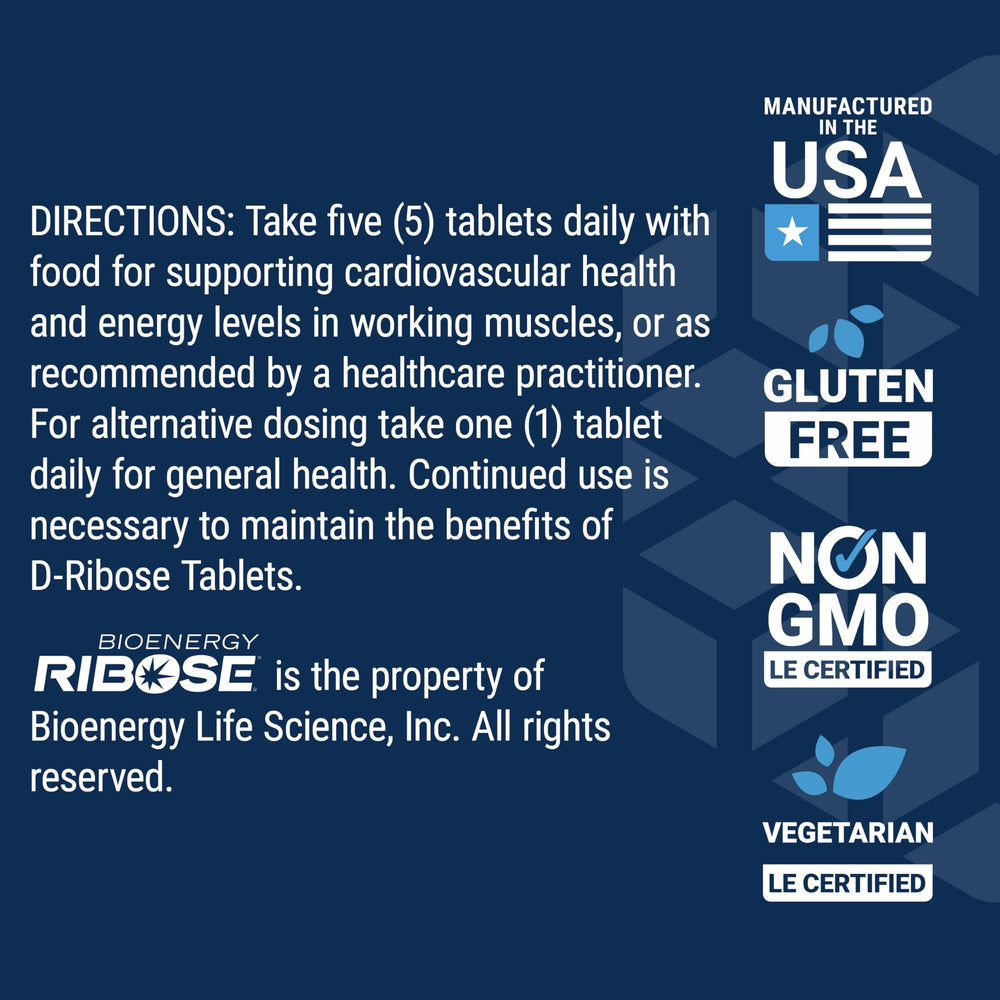 Life Extension D-Ribose tablets vegan symbol indicates plant-based energy option