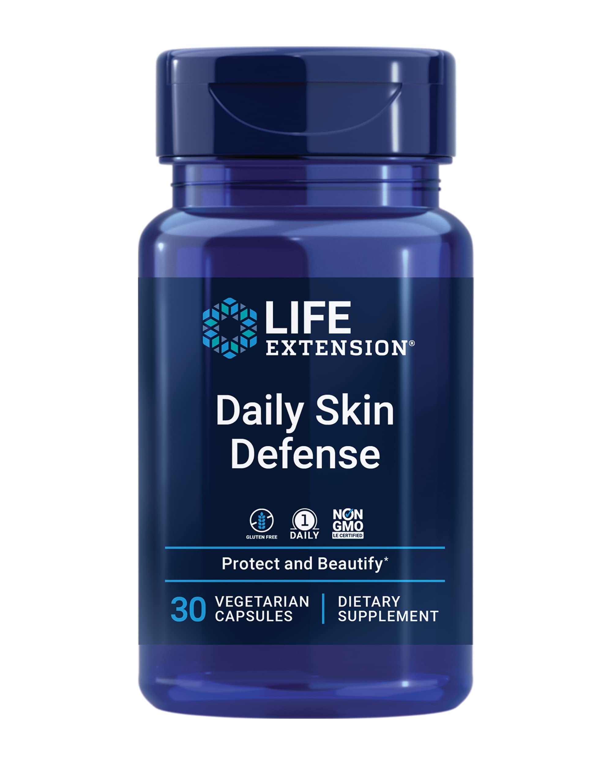 Life Extension Daily Skin Defense bottle front view showing daily skincare supplement for radiant skin.