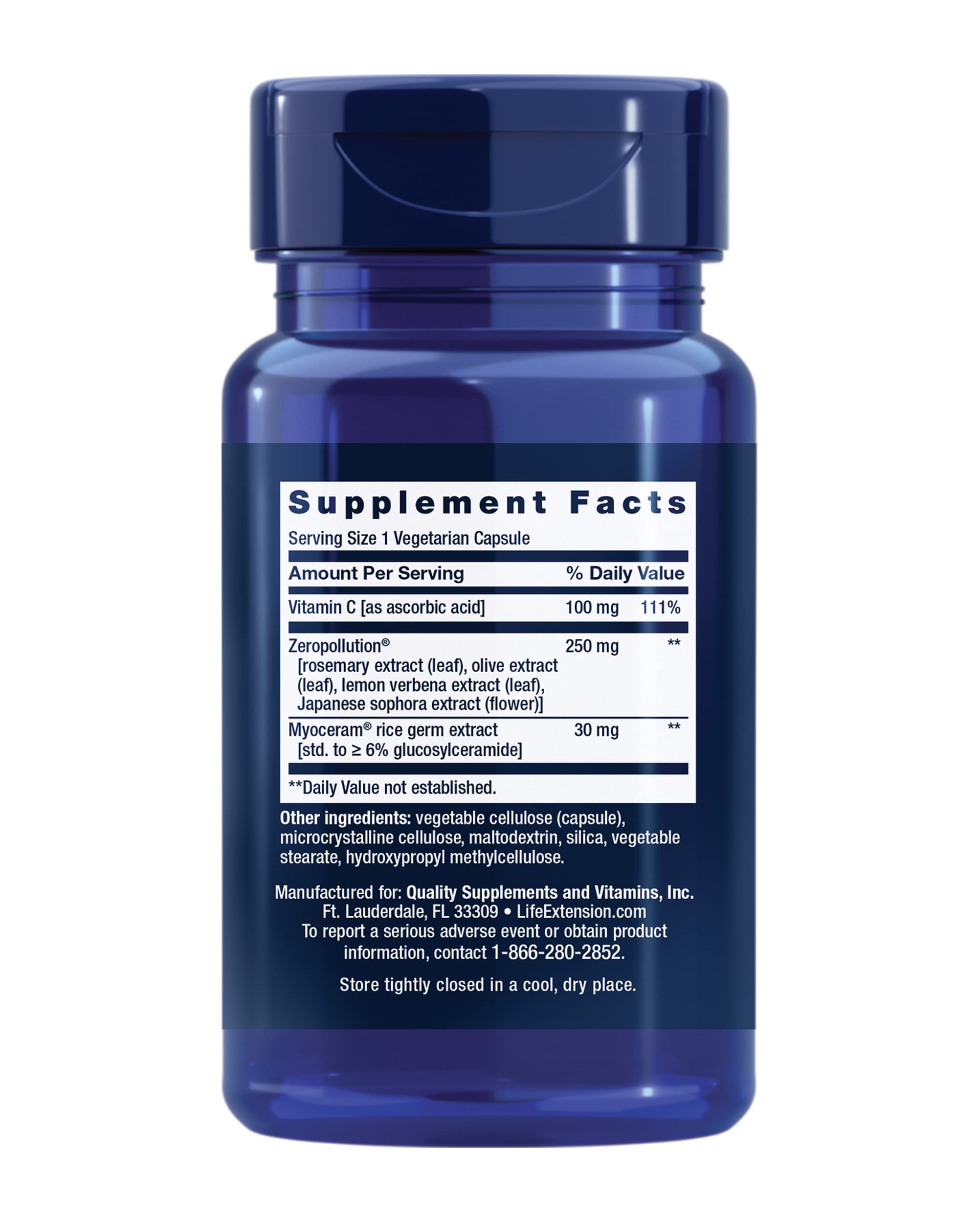 Life Extension Daily Skin Defense capsules close-up, highlighting vitamin C and ceramides for skin support.