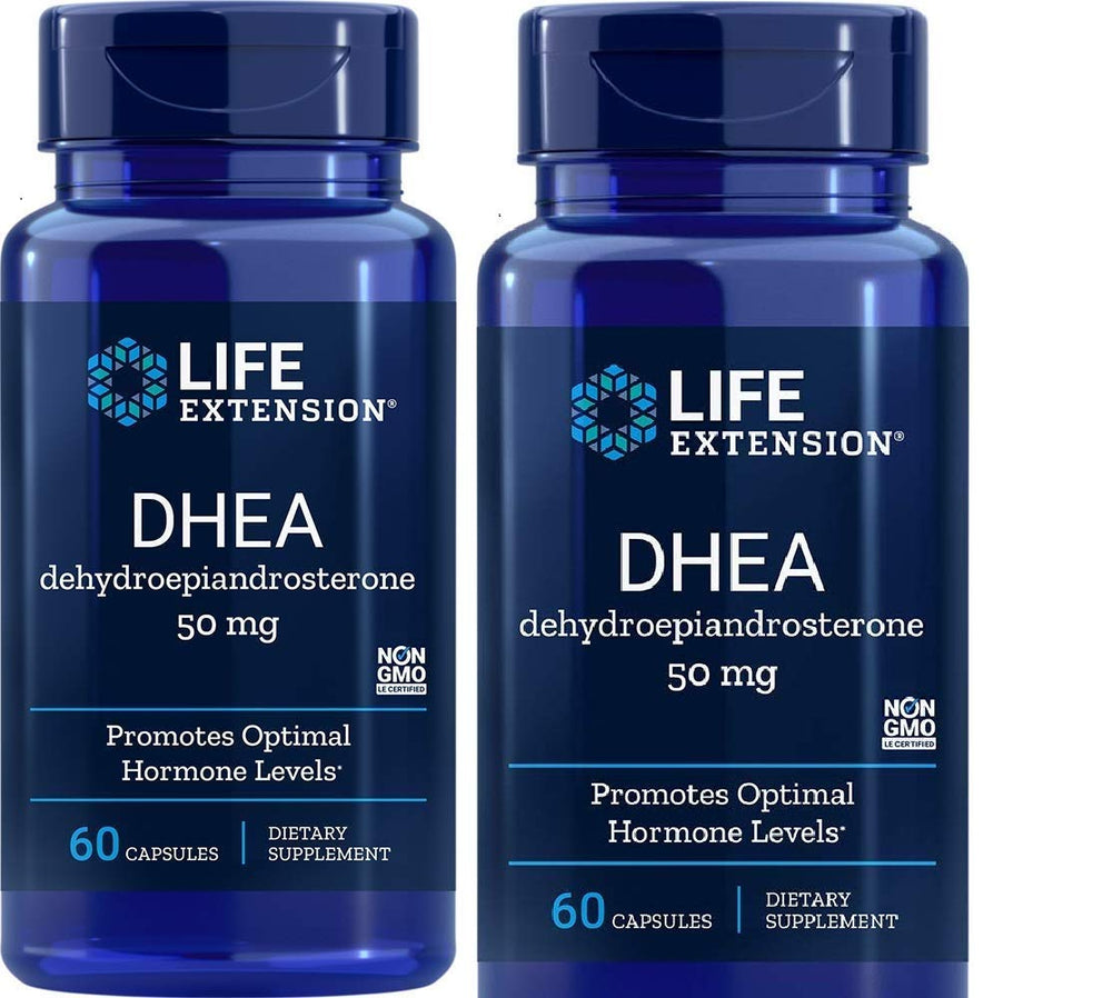 Life Extension DHEA 50 mg bottle image showing daily supplement bottle