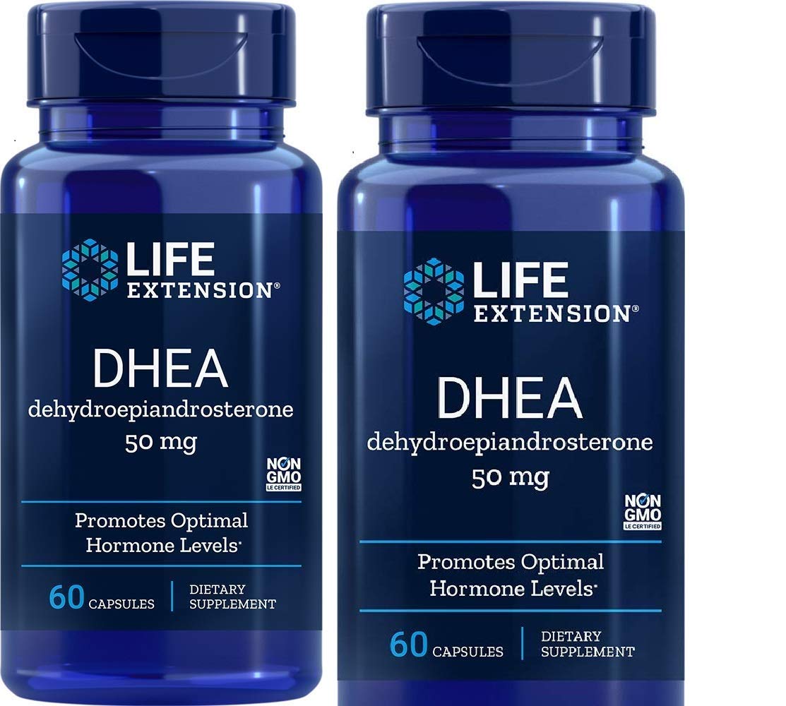 Life Extension DHEA 50 mg bottle image showing daily supplement bottle