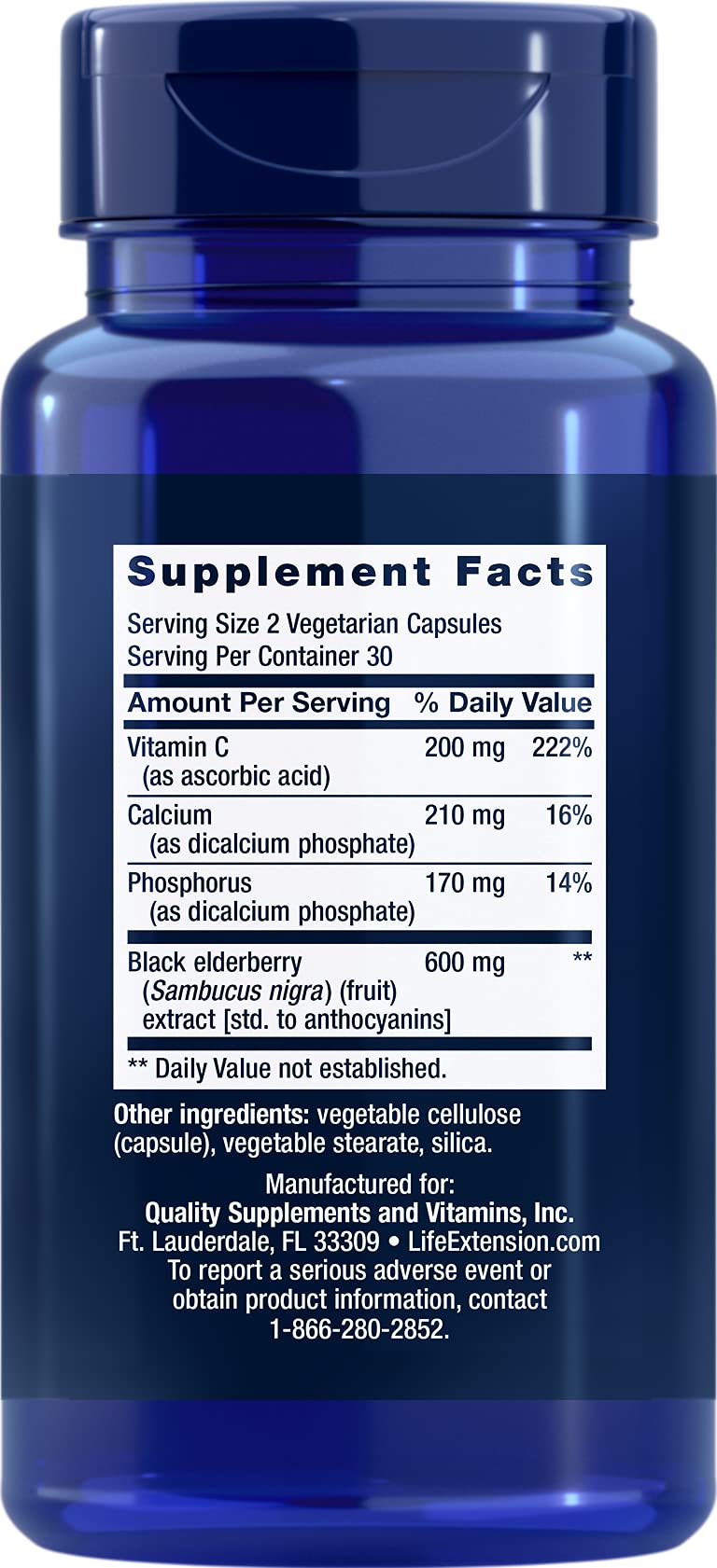 Life Extension elderberry capsules close-up for convenient everyday wellness.