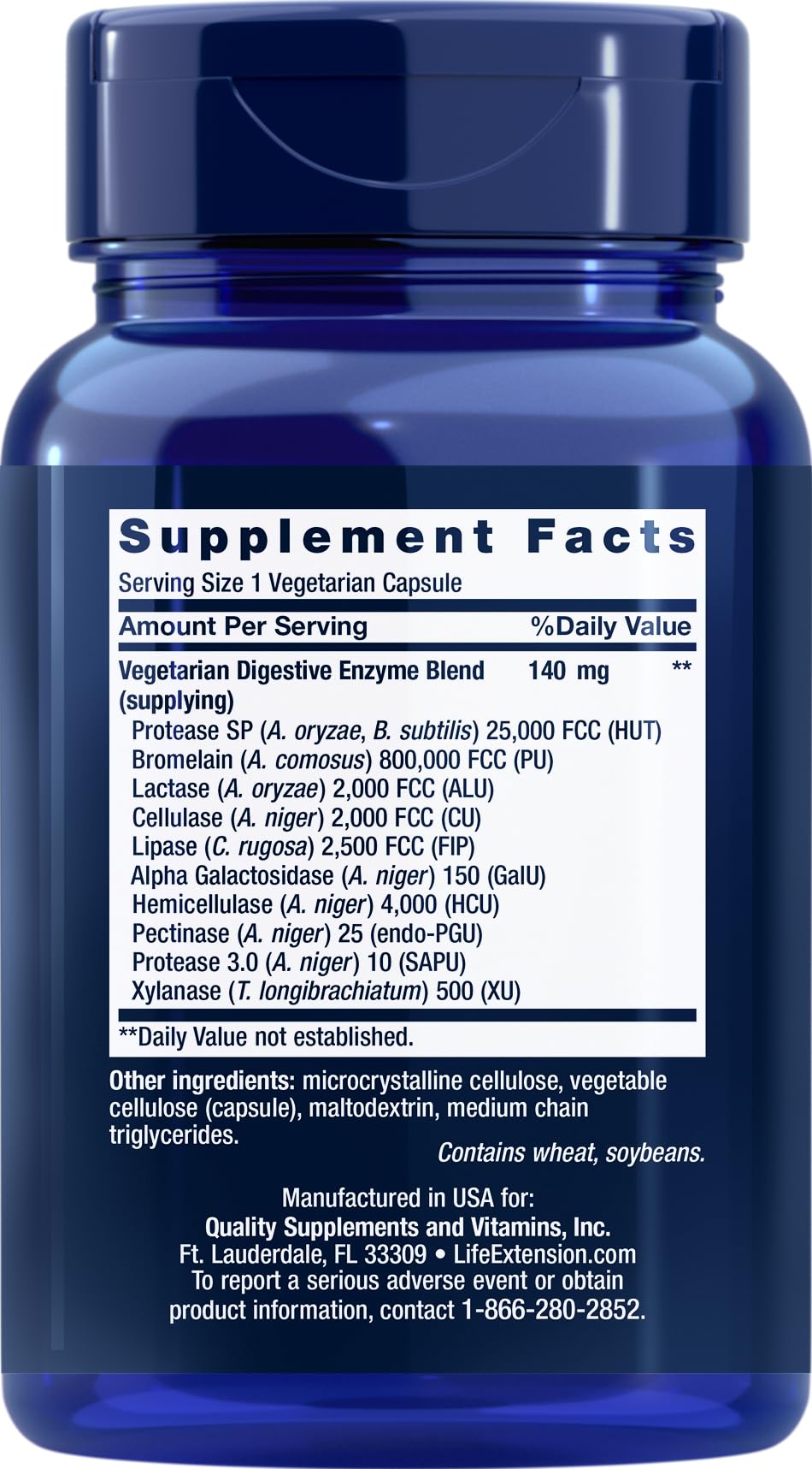 Life Extension Enhanced Super Digestive Enzymes label highlights 10 vegetarian enzymes and purity