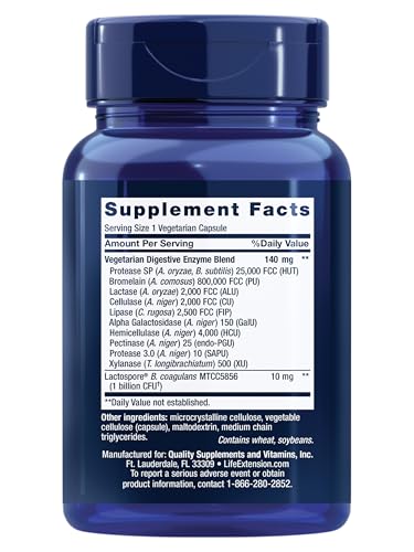 Close-up of Life Extension enzymes label highlighting alpha-galactosidase and lipase.