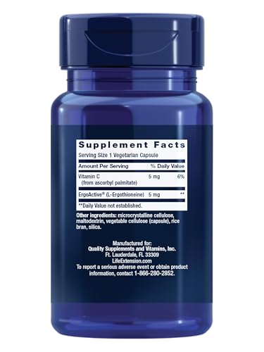 Life Extension Essential Youth L-Ergothioneine: cápsulas en primer plano, 5 mg por porción