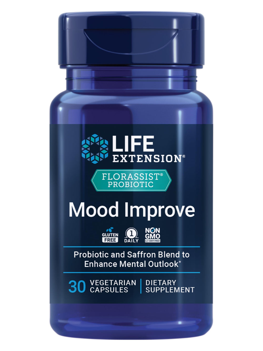 Life Extension FlorAssist bottle front showing mood-support formula for daily use