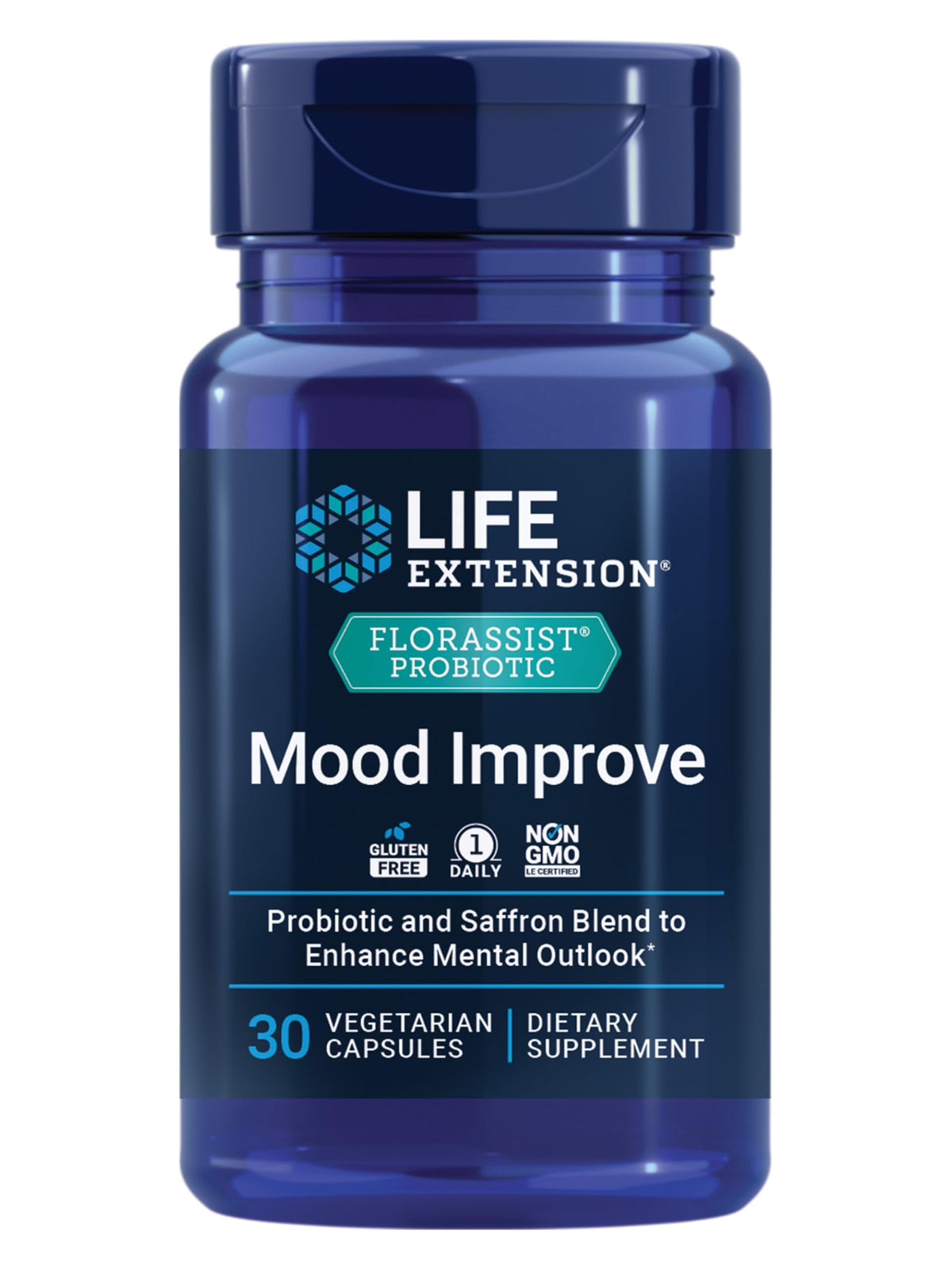 Life Extension FlorAssist bottle front showing mood-support formula for daily use