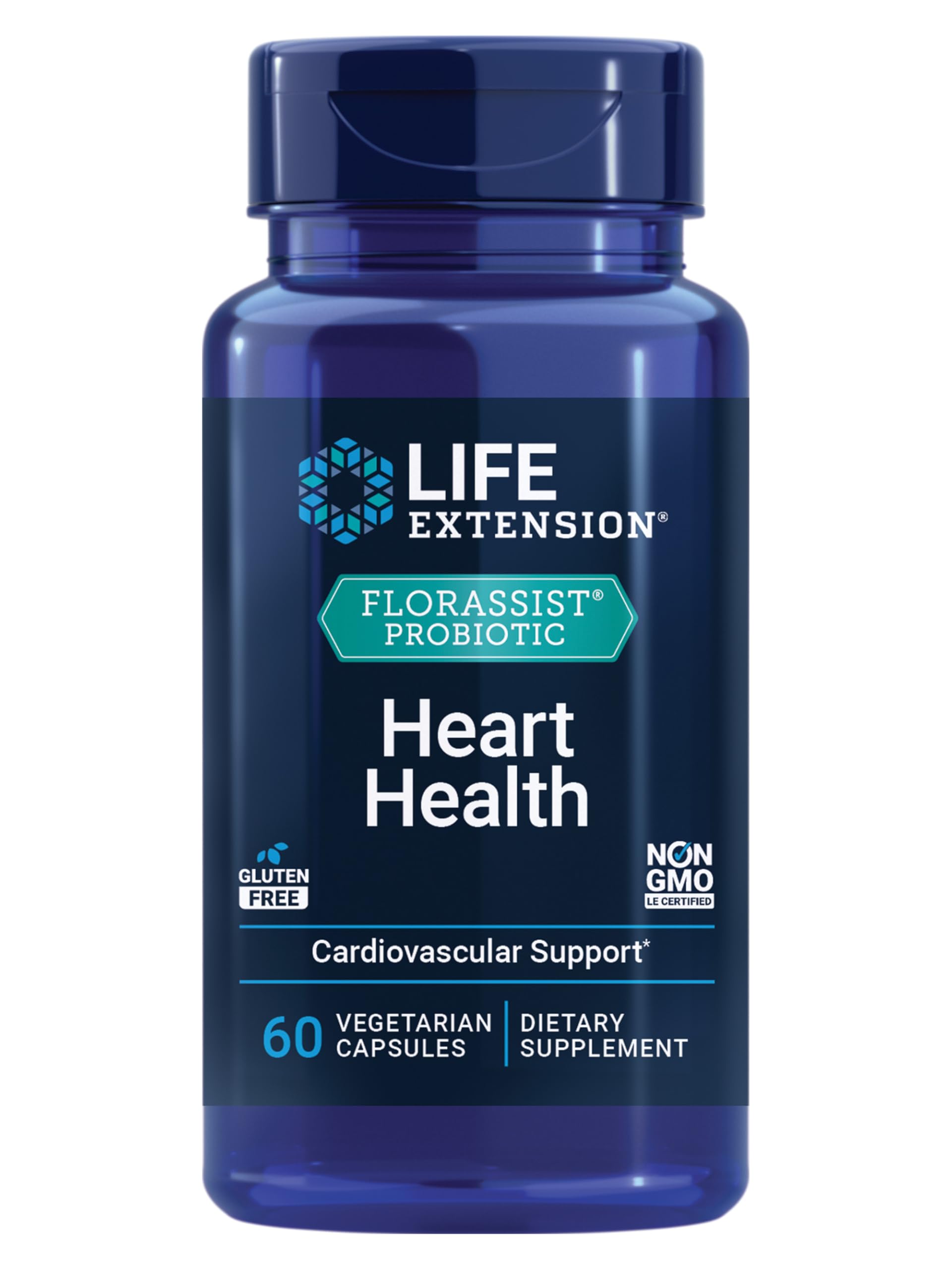 Life Extension FlorAssist Heart Health bottle shown, highlighting probiotic heart health support