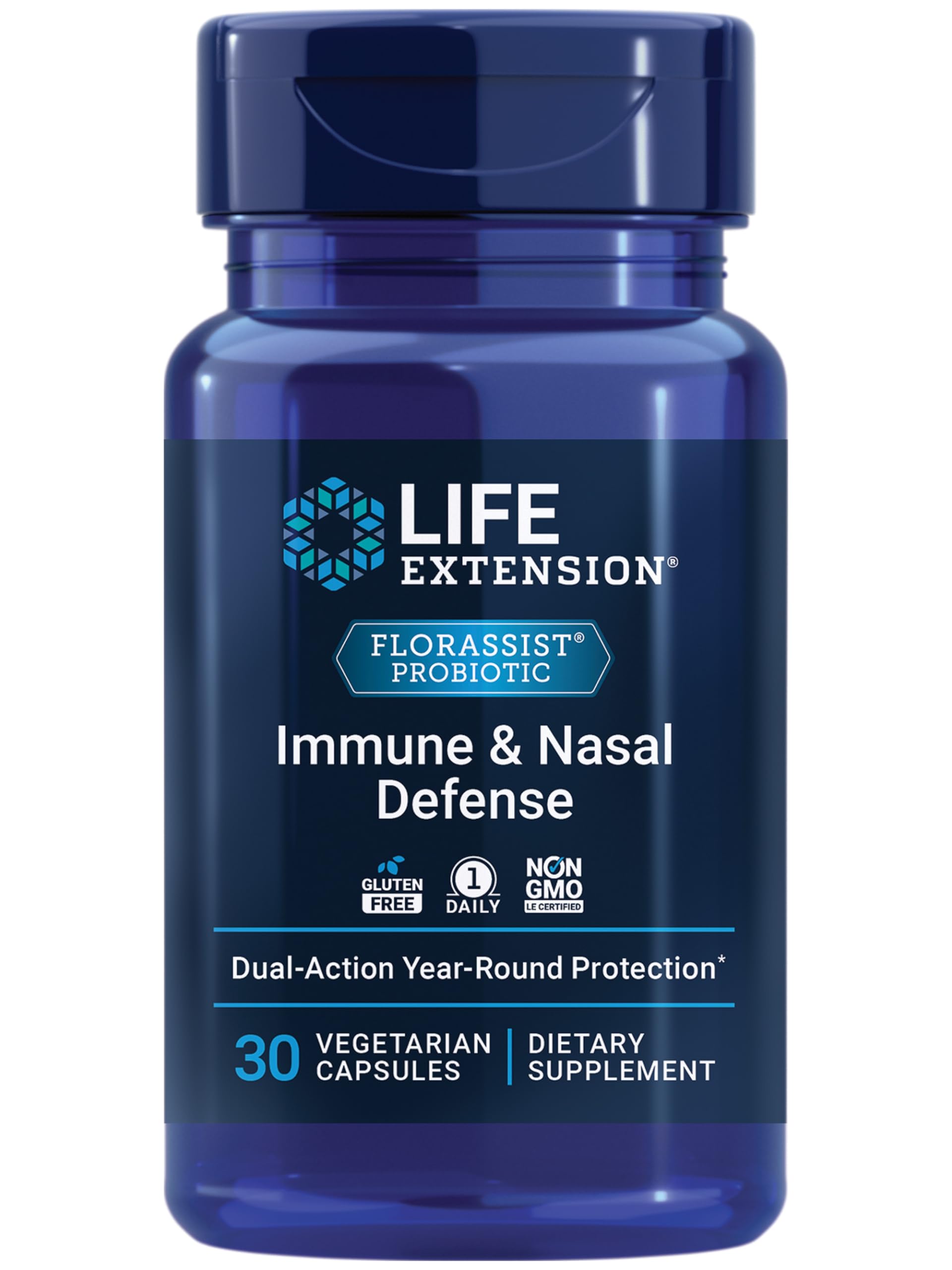 Life Extension FlorAssist Immune & Nasal Defense bottle supports daily immune balance and nasal comfort.