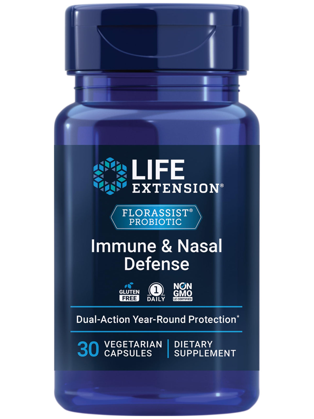 Life Extension FlorAssist Immune & Nasal Defense bottle supports daily immune balance and nasal comfort.