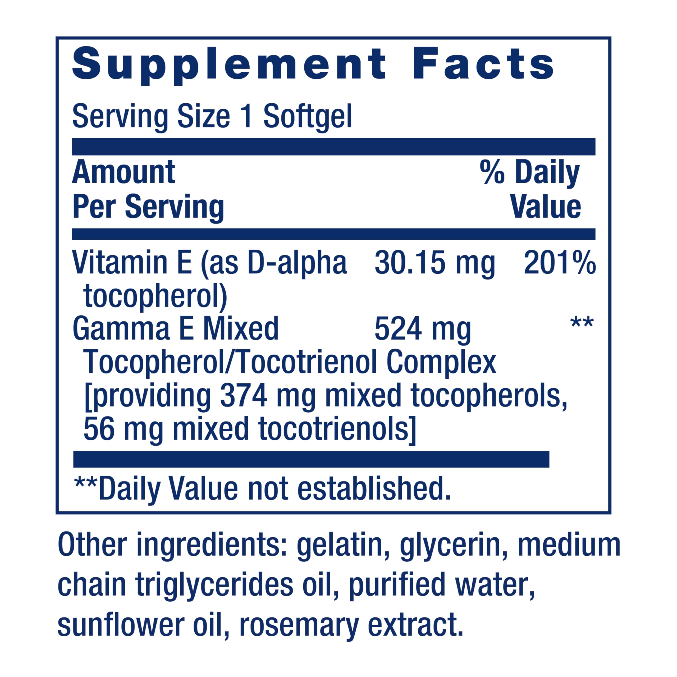 Life Extension Gamma E label front clearly shows non-GMO and gluten-free claims for mindful shoppers.