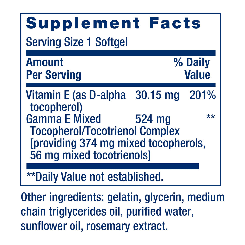 Life Extension Gamma E label front clearly shows non-GMO and gluten-free claims for mindful shoppers.