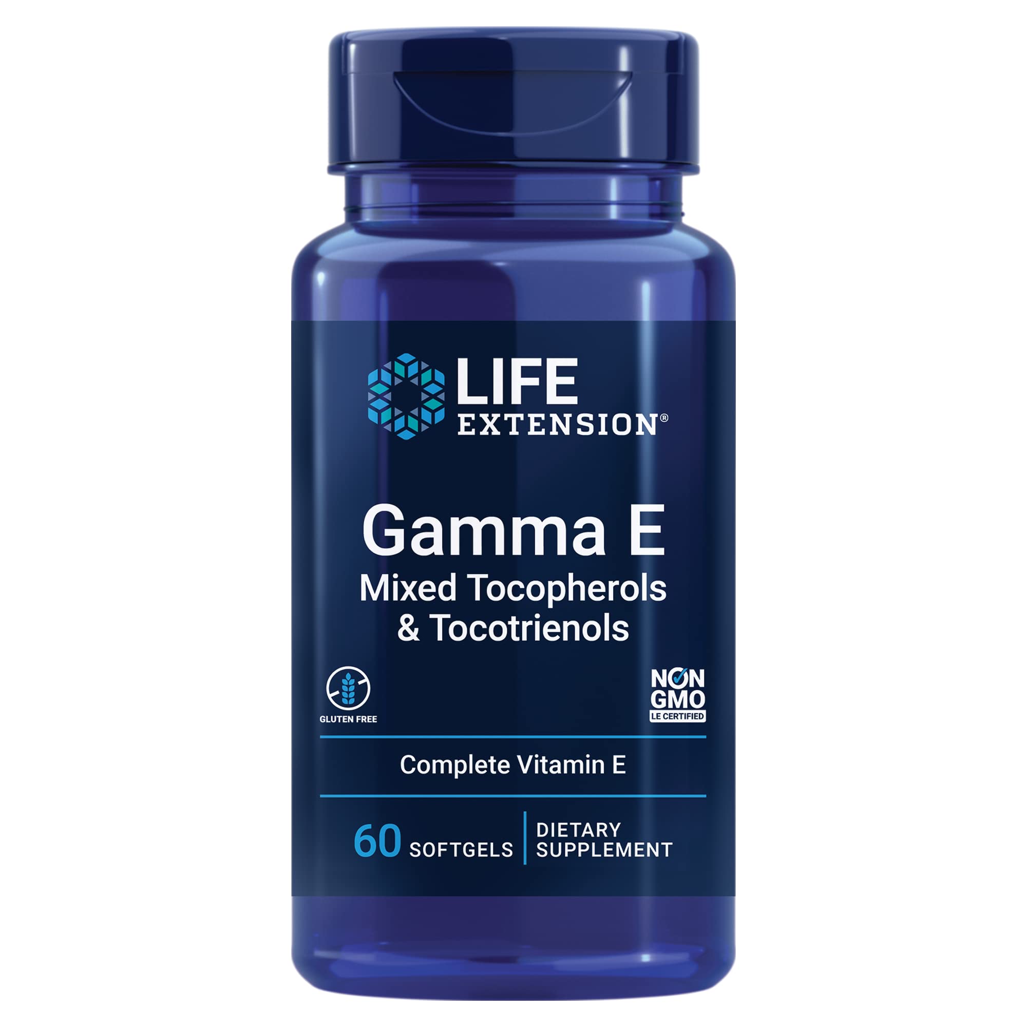 Life Extension Gamma E softgels bottle showcases complete vitamin E spectrum for daily antioxidant support.