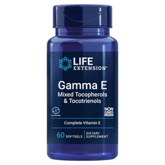 Life Extension Gamma E softgels bottle showcases complete vitamin E spectrum for daily antioxidant support.