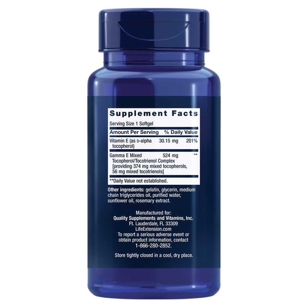 Life Extension Gamma E softgels capsules closeup highlights eight tocopherol and tocotrienol forms.