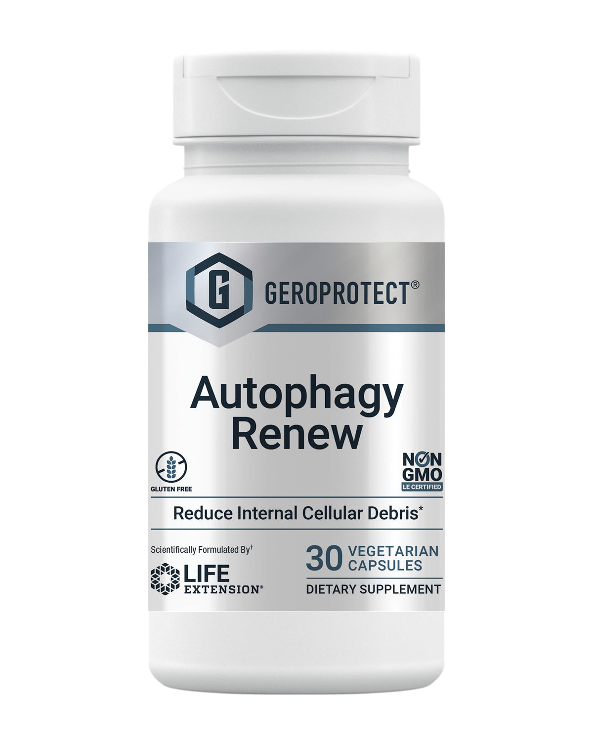 Life Extension GEROPROTECT Autophagy Renew bottle highlights gluten-free, non-GMO formulation for mindful aging.