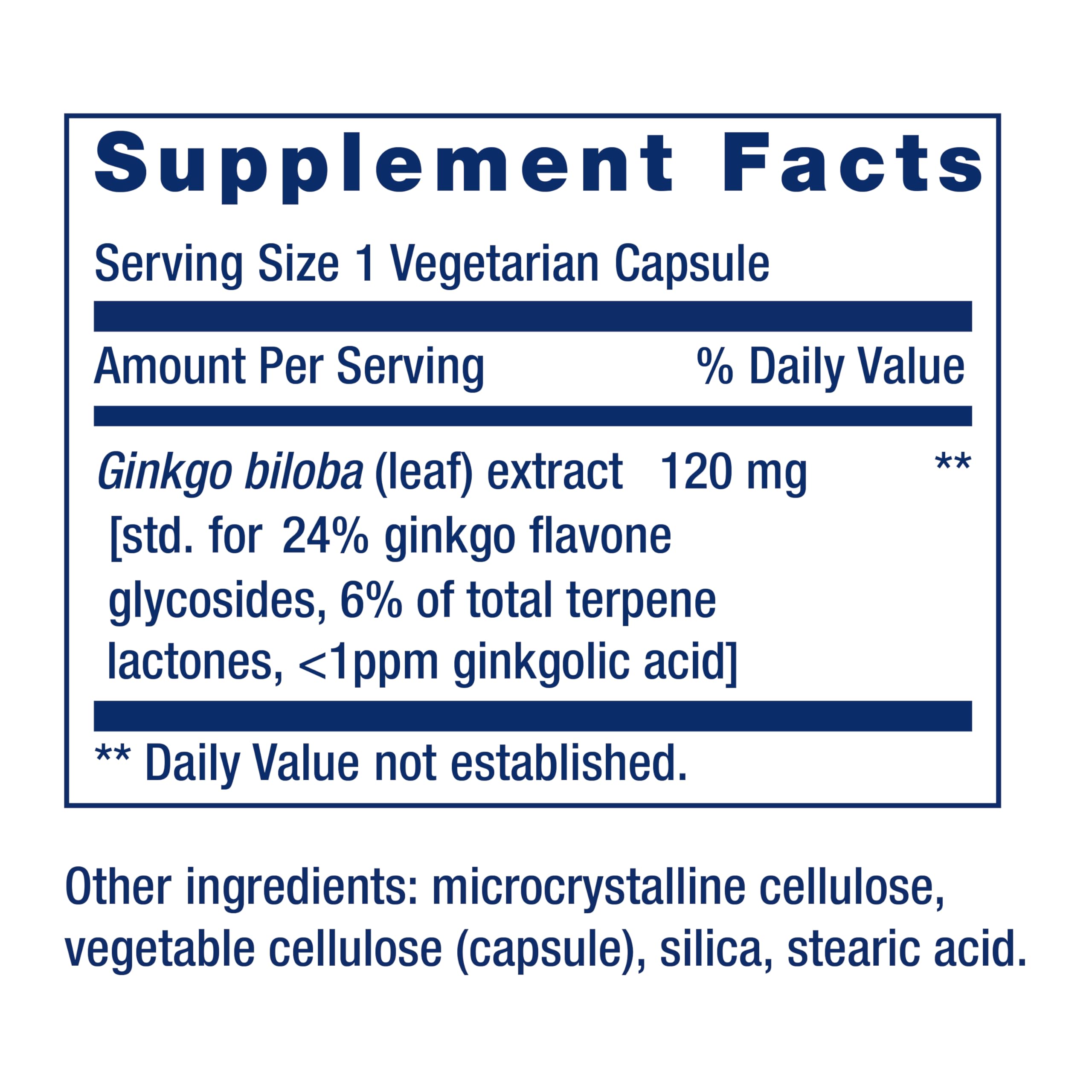 Life Extension Ginkgo Biloba bottle back label with purity and standardization notes.